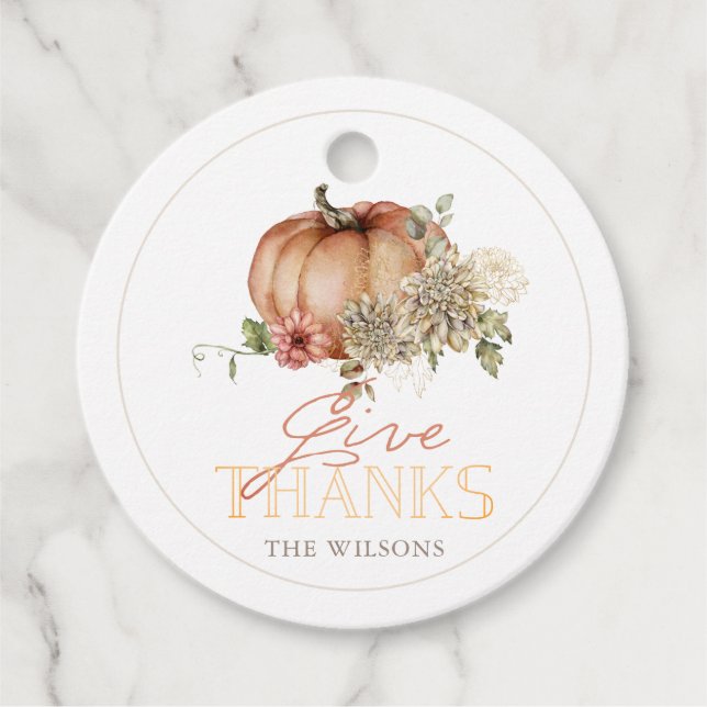 Ge Tack Pumpkin & White Dahlia Thanksgiving Gåvor Etiketter (Framsida)