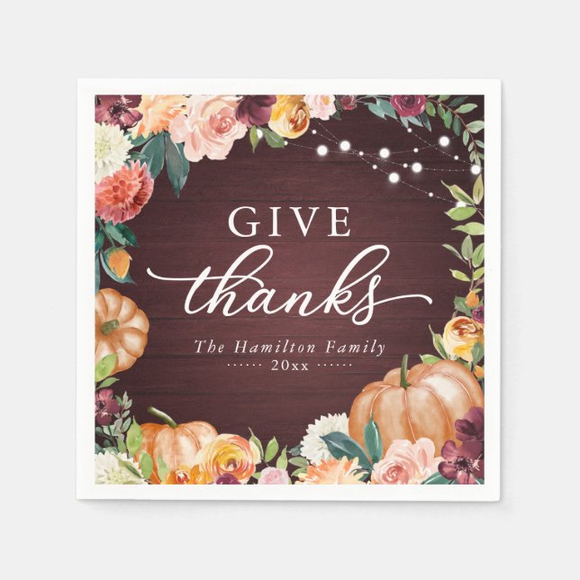 Ge tack Rustik höstblomma Thanksgiving middag Pappersservett (Framsidan)