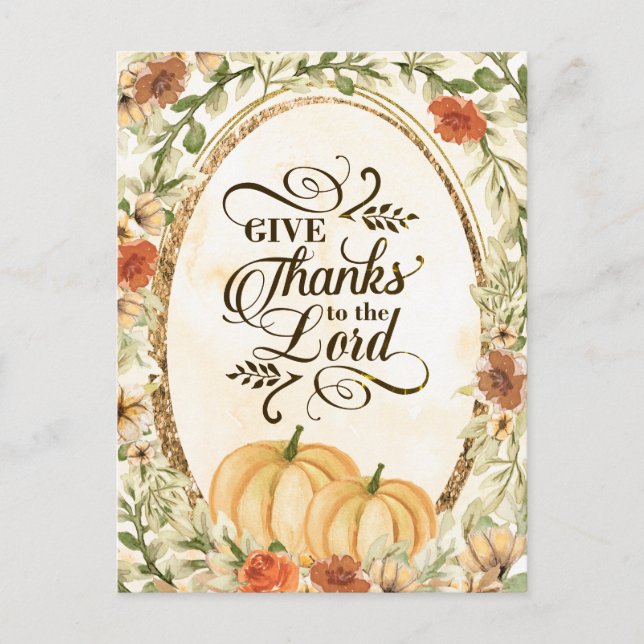 Ge Tack till Herren Autumn Flowers & Pumpkins Vykort (Framsida)