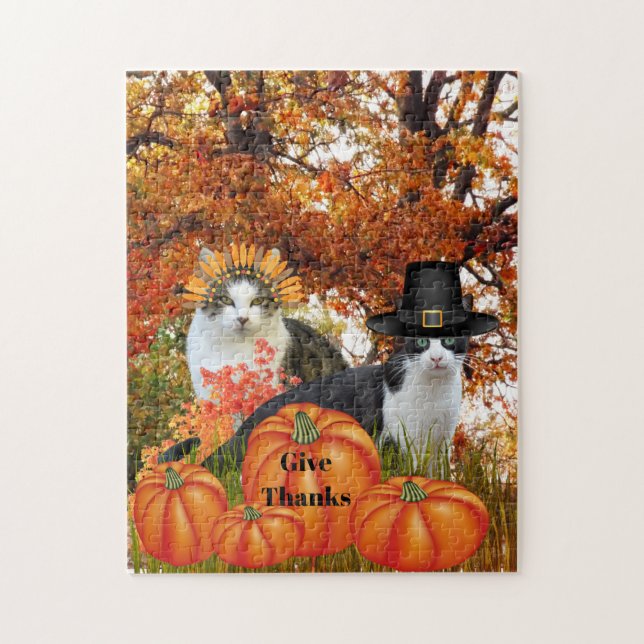 Ge Tacks Katt Pumpafält Thanksgiving Pussel (Vertikal)