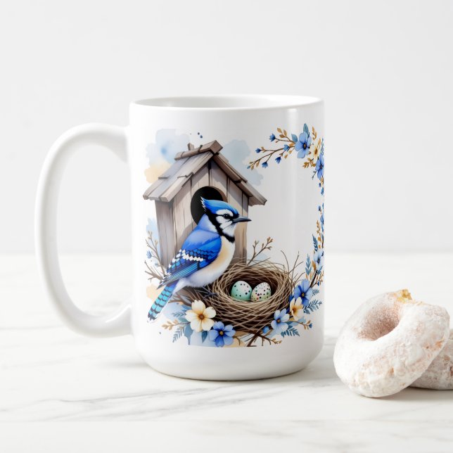 Geai bleu sur nichoir – Illustration florale paste Kaffemugg (Med munk)