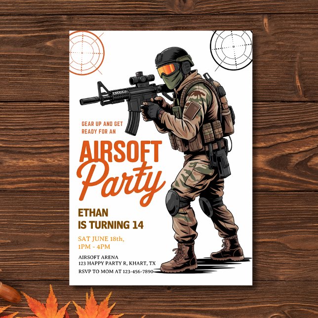 Gear Up Airsoft Battle Party Födelsedag Inbjudningar (Gear Up" Airsoft Battle Party Birthday Invitation
)