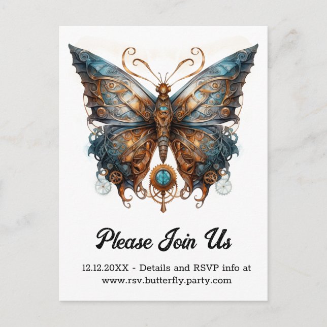 Gearmoth Morpho Fjäril Steampunk Bröllop  Meddelande Vykort (Framsida)