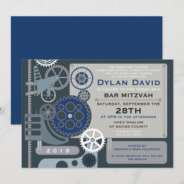 GEARS Bar/Bat Mitzvah-inbjudan Inbjudningar (Fram/baksida)