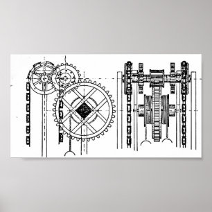 Gears Diagram Black and White Poster
