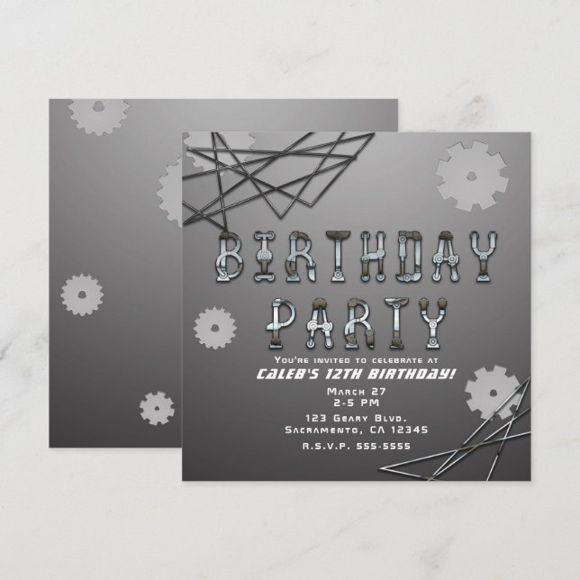 Gears Robot Futistisk Kul Rolig Födelsedagsfest Inbjudningar (Fram/baksida)