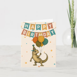 Gecko Birthday Card - Lönsam reptil med ballonger Kort