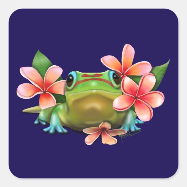 Gecko i Plumeria Fyrkantigt Klistermärke (Framsida)