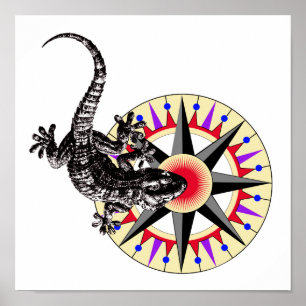 Gecko Lizard och Compass Ro Poster
