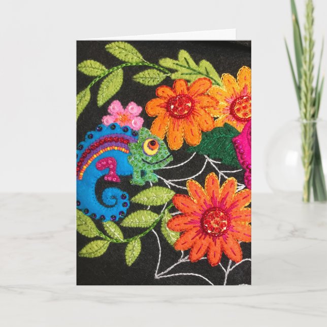 Gecko Lizard Stitched Felt Birthday Kort (Framsida)