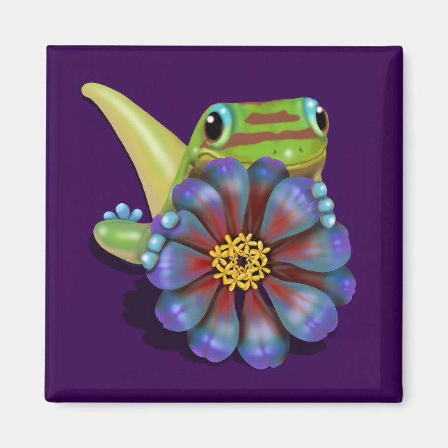 Gecko med Zinnia Flower Magnet (Framsidan)