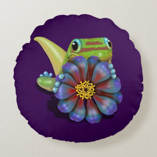 Gecko med Zinnia Flower Rund Kudde