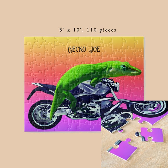 Gecko Motorcycle Rider Rosa Horizon Add Namn 8x10 Pussel (Gecko Motorcycle Rider Pink Horizon Add Name 8x10 Jigsaw Puzzle)