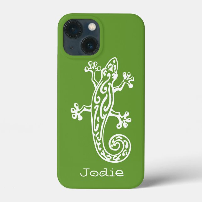 Gecko reptile vit & grönt namn iphone case (Baksida)