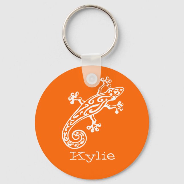 Gecko reptile vit & orange med namnet keychain nyckelring (Framsida)