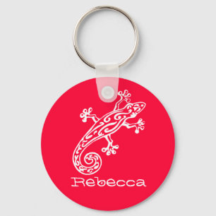 Geckoreptilvit & röd namngiven keychain nyckelring
