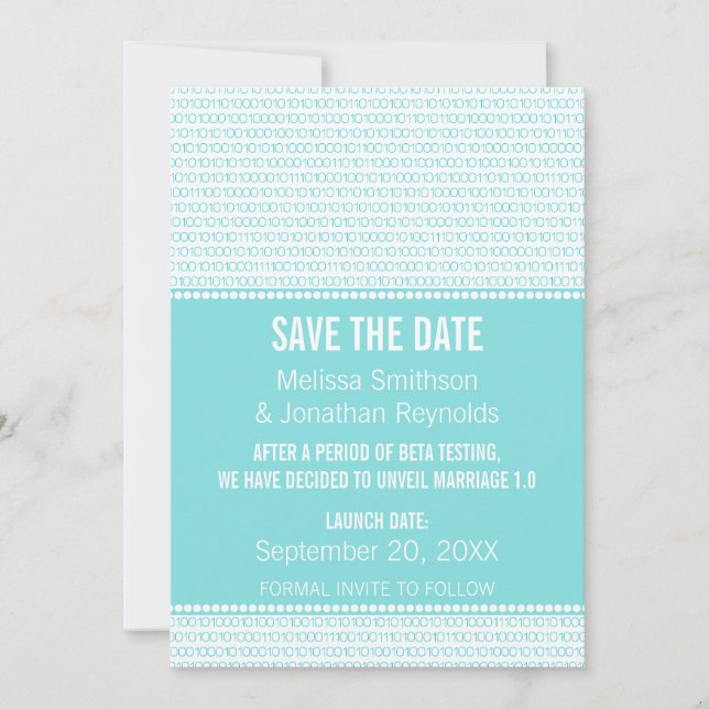 Geek Chic Binary Save Date Inbjudan, Aqua Spara Datumet (Framsida)