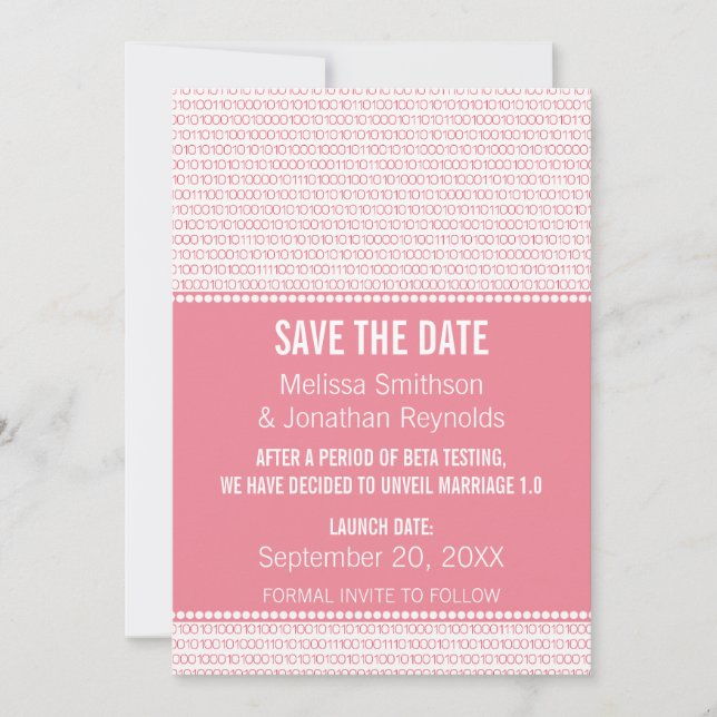 Geek Chic Binary Save the Date Inbjudan, Rosa Spara Datumet (Framsida)