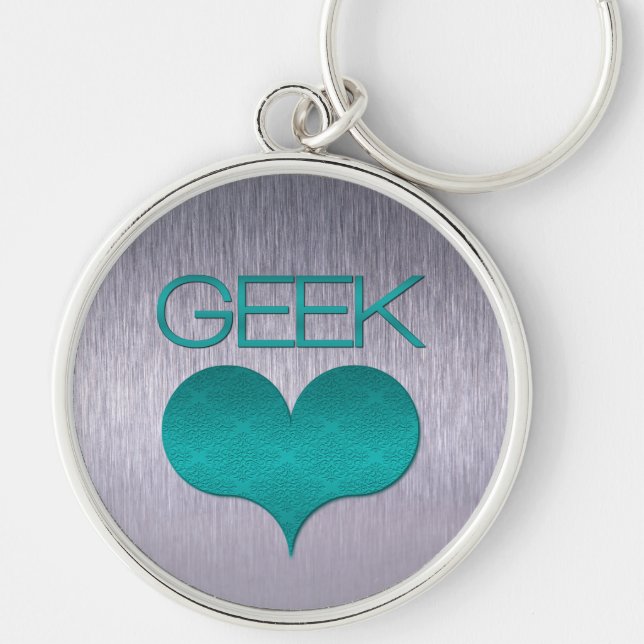Geek Kärlek (Heart) Keychain, turkos Rund Silverfärgad Nyckelring (Framsidan)