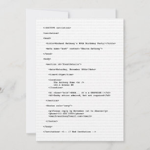 Geek Programmer HTML-kod Födelsedagsinbjudan Inbjudningar