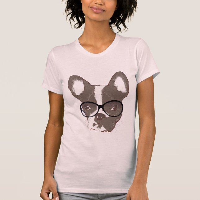 Geeky fransk bulldogg i exponeringsglasskjorta tee shirt (Framsida)