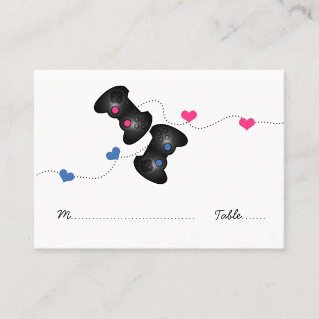 Geeky Gamer-Mörken Bröllop Place Cards (blått/Rosa Placeringskort (Framsida)