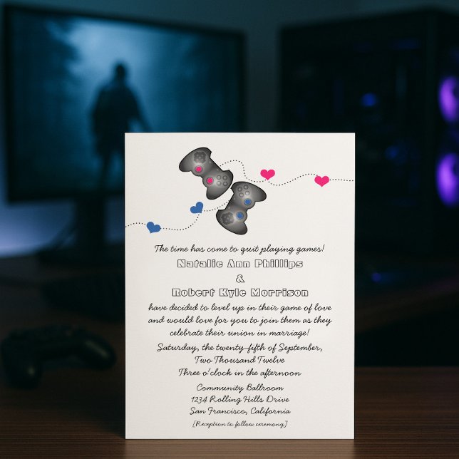 Geeky Gamers | Blåbröllop och Rosa bröllopsinbjuda Inbjudningar (Blue and Pink Geeky Gamers Wedding Invitation)