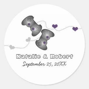Geeky Gamers bröllop Stickers (Silver/Lila) Runt Klistermärke
