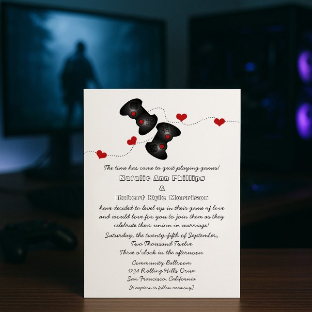 Geeky Gamers bröllopsinbjudan (Mörk) Inbjudningar (Red Geeky Gamers Wedding Invitation)