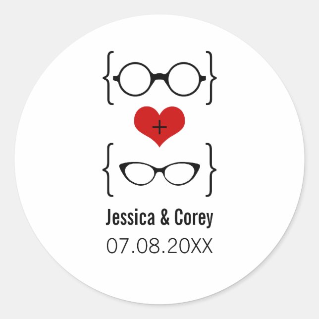 Geeky Glasses Wedding Stickers Runt Klistermärke (Framsida)