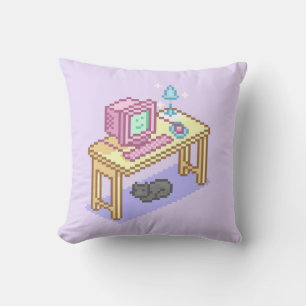Geeky Pastel Rosa Gult Pixel Art Computer Kudde