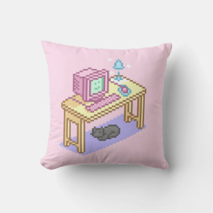 Geeky Pastel Rosa Gult Pixel Art Computer Kudde