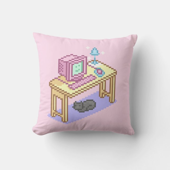 Geeky Pastel Rosa Gult Pixel Art Computer Kudde (Framsida)