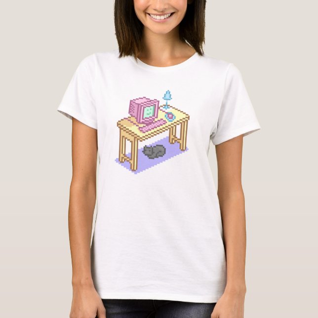 Geeky Pastel Rosa Gult Pixel Art Computer T Shirt (Framsida)