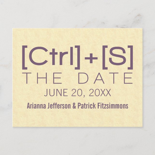 Geeky Typography Save the Date Postcard, Lila Meddelande Vykort (Framsida)