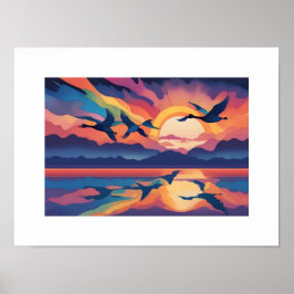 Geese Over Vatten vid Sunrise Poster