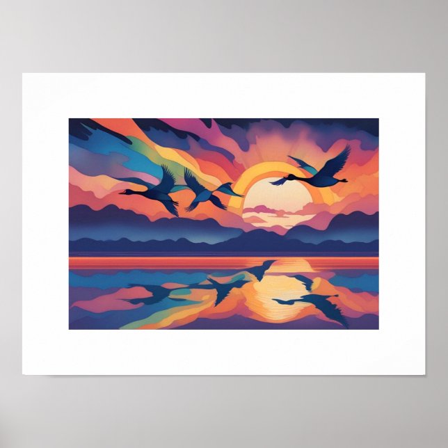 Geese Over Vatten vid Sunrise Poster (Framsidan)
