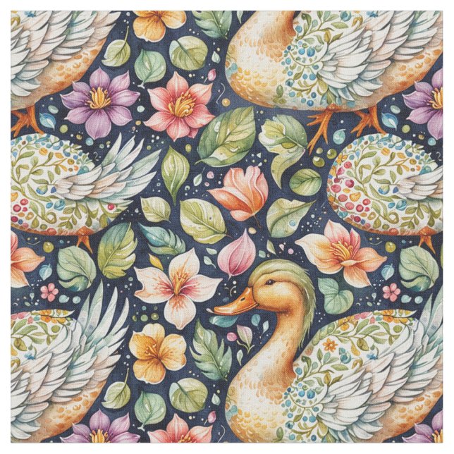 Geese, Seamless pattern, Leaves design, Nature art Tyg (Närbild)