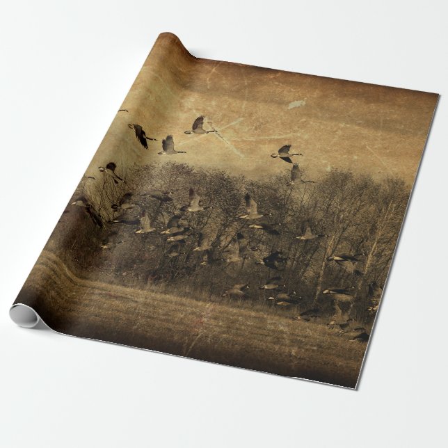 Geese Vintage Antique Sepia Struktur Decoupage Presentpapper (Utrullad)