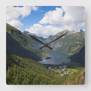 Geiranger Fjord landskap, Norge Fyrkantig Klocka