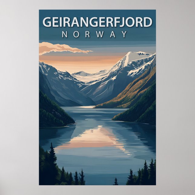Geirangerfjord Norge Snöiga Berg Resa Poster (Framsidan)