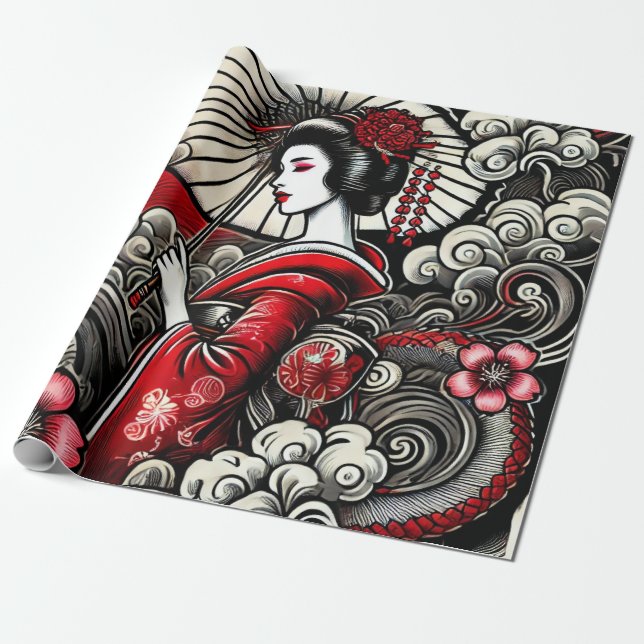 Geisha Art Wrapping Papper - Elegant Gift Wrap Wra Presentpapper (Utrullad)