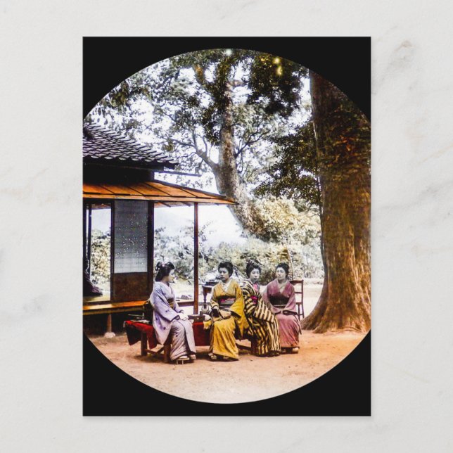 Geisha besöker utanför ett Tea House i Gamla Japan Vykort (Framsida)