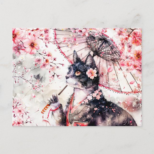 Geisha Cat med Blommarna Parasol och Cherry Vykort (Framsida)