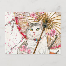 Geisha Cat med Blommarna Parasol och Cherry