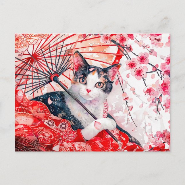 Geisha Cat med paraplyer i kinesiska Bläck Paintin Vykort (Framsida)