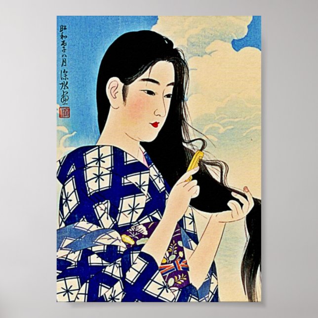 Geisha Combing Hair Japansk Woodblock Ukiyo-E Art Poster (Framsidan)