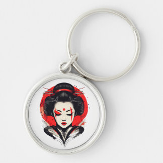 Geisha Elegance: Red and Black Beauty Rund Silverfärgad Nyckelring