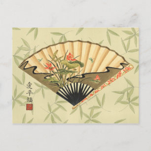 Geisha-fläkt med blad- och blomstermönster vykort