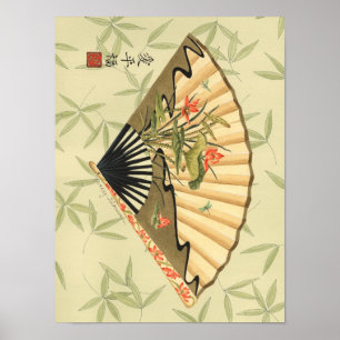 Geisha Fläkt med Löv och Blommigt Skriv ut Poster
